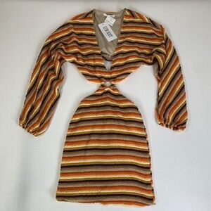 12th Tribe Free‎ Bird Mini Dress Cut Out Striped Long Sleeve Orange Brown Size S